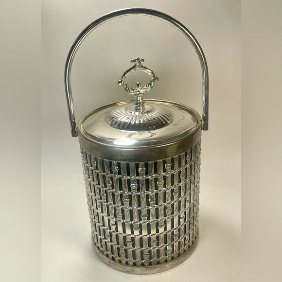 Vtg Mid Century Modern MCM Brutalist Silver Plate Bamboo Ice Bucket Serve Ware